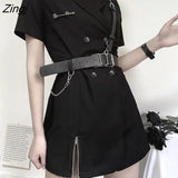 Women Summer Leisure Short Sleeve Black A-line Cargo Mini Dress with Sashes Double Breasted Harajuku Streetwear Sexy