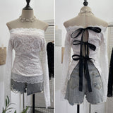 Shooting Retro Shoulder Tie-Dye Net Horn Long-Sleeved T-Shirt Irregular Lotus Leaf Side Ribbon Y2k Top