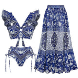 High-Belt Strap-Print Split Swimsuit Woman 2025 New Bikini Skirt Three-Piece Lotus