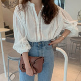 Hollow Out Chiffon Shirt Women Button Up White Blouse Ladies Loose Tops 2023 New Puff Sleeve Korean Fashion Clothing