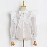 Sense Elegant Top 2025 Autumn New Bow Lotus Leaf Edges Half-Perspective Mesh Shirt Female