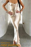 Elegant Satin Backless Long Dress For Women Gown Summer Spaghetti Strap Sleeveless Night Club Party Long Dress