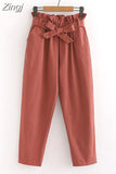 Spring Summer Bow Belt Solid Elastic High Waist Casual Harem Pants Korean Sweet Girls Ankle-Length Cotton Long