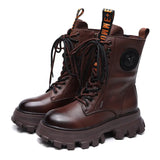 Layer Of Cowhide Autumn And Winter Plus Velvet Warm New Baibian Cake Bottom Cylinder Zipper Locomotive Boots Martin Boots