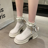 Mary Jane Women 2025 New Round Head Thick-Shoe White Pearl Bow With Skirt Thick-Soled Single