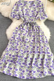 Women Floral Printed Midi Dress Vintage V-Neck Short Sleeve High Waist A-Line Casual Vestidos Female 2023 New