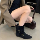 New Autumn Korean Version Of The Sharp-Headed Velvet Belt Buckle Boots Coarse And Middle Heels Brown Western Cowboy