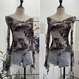 Shooting Strapped With Hollow Retro Print Long-Sleeved Mesh T-Shirt Ribbon Design Spring And Summer Top