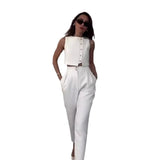 Zingj New 2024 Summer Sleeveless Vest Jacket High Waist Straight Leg Pants Solid Color Two-Piece Set-Outfit