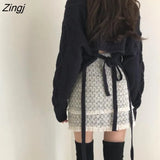 Harajuku Lace Up Sweaters Women Crop Tops Korean Style Sexy V-neck Long Sleeve Pullover Female Autumn Solid Knit