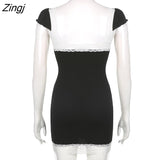 Women Summer Short Dress Sheer Lace Patchwork Sweetheart Neck Quarter Sleeve Fitted Bodycon Dress for Ladies