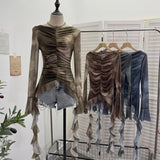 Shooting Hot Girl Horn Sleeve Net Yarn Bottom Shirt Girl Body Waste Wind Irregular Ribbon Long-Sleeved Top