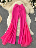 Green/Black/White/Rose Red Mesh Patchwork Flare Pants For Women Elegant High Waist Wide Leg Hip Hop Dancing Trousers