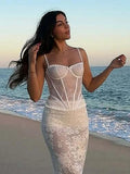 Resort Style Sexy Lace Spliced Buckle V-Neck Sling Vest Babes Skinny Fish Bone