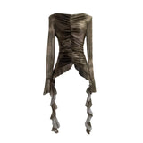 Shooting Hot Girl Horn Sleeve Net Yarn Bottom Shirt Girl Body Waste Wind Irregular Ribbon Long-Sleeved Top