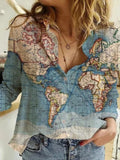 Women's Clothing 2025 Summer New Shirt Fashion Map Depicts Printed Long-Sleeved Top