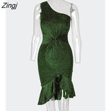 Women Spring Autumn Elegant Ruched Slit Glitter One Shoulder Sleeveless Twisted Ruffled Midi Bodycon Dress Party