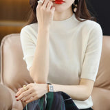 Zingj And Summer Loose And Versatile Wool Knit Short Sleeve Women Plus-Size Round-Neck Solid Color Bottom Knit T-Shirt Thin-Outfit