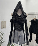 Shooting Doomsday Wasteland Wind To Make Old Worn Hooded Long-Sleeved T-Shirt Short High-Waisted Umbilly Top