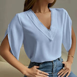 Hollow Summer Shirts V-neck Lace Chiffon Blouses Woman Petal Short Sleeve Tops 2023 Office Lady Para Mujer Elegant
