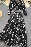 Chiffon Two Piece Set Women Autumn Bohemian Vacation Beach Short Tops And Ruffle Irregular Long Skirt Female Print Suit