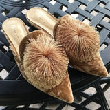Flat Pointed Slippers Furry Ball Baotou Slipper Tassel Lazy outside Holiday Slippers