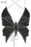 Y2K Sexy Butterfly Decoration Crop Top for Women Fashion Sleeveless Backless Drawstring Tanks Top Casual High