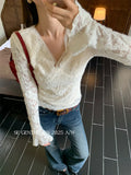 Xixi 2025 Autumn White Label New Temperament Lace V Word Collar Shirt Lady 100 Cloth Women