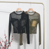 Real Shooting Hottie Water Wash Side Of The Cowboy Splicing Mesh Yarn Long Sleeve Blouse Short High-Waisted T-Shirt