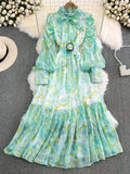 Autumn Rose Red/Green Tie Dye Print Party Long Dress Elegant Bow Collar Lantern Sleeve High Waist Ruffle Hem Vestidos
