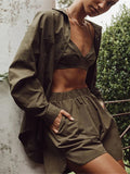 Women 3 Piece Matching Suits Striped Solid Sling Bra Tops+Long Sleeve Lapel Shirt+Elastic Waist Shorts Vintage