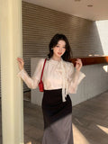Xixi 2025 Spring New Thousand Gold Wind Bow Tie With Bottom Shirt Women's Long-Sleeved Top Tide