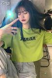 Sleeve T-shirts Women Letter Printed Crop Top Soft All-match Korean Style Womens Tees Students Chic Loose Retro