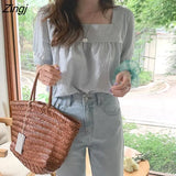 Women Korean Style Vintage Plaid Puff Sleeve Chic Simple Fashionable Tender Elegant Office Lady Feminine All-match