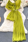 Women Sexy See Through Irregular Dress Elegant Female Ruffle Off Shoulder Slim High Waist Vestidos Green/White