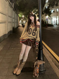 Brown V-neck Letter Print Oversize Sweater- Outfit