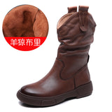 Boots Pile Boots Top Layer Of Kraft Mid-Sleet Boots Women Flat Bottom Soft Skin Autumn Winter Leather Martin Boots Horse Rider