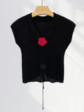 Zingj Show Thin Ultra-Soft Short Knit Top Women's Summer Thin V-Neck Small Flying Sleeve Black Rose Lace-Up Short