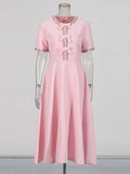 Dress Spring And Autumn Premium Sense 2025 New Diamond Round-Neck Collage Bow Fashion Design Feeling Waist Long
