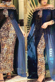 Spring Autumn Fashion Loose Leopard Women Maxi Long Split Gown Leisure Outdoor Patchwork Strapless Sexy African
