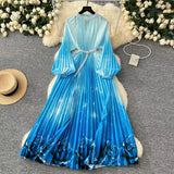 Elegant Dress Women Fashion Nail Ball Collar Hollow Pressure Folding Lantern Sleeves To Print Long