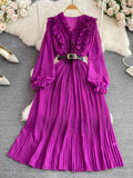 Vintage Women Pleated Long Dress Red/Purple/Yellow V-Neck Ruffle Puff Sleeve Draped A-Line Vestidos Female New