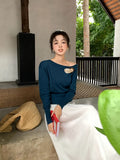 Xixi 2025 Spring New Ins Temperament Shoulder Wool Bottom Shirt Long-Sleeved Knitwear Women's Top