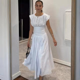 New Sweet Pure Want To Collect Waist Thin A Word French Girl Folds Splicing Short Sleeve Long Dress