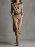 Autumn And Winter 2025 Autumn And Winter Velvet Temperament Buckle Shirt Collar Long Dress With