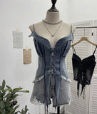 Shot Vintage Babes With Thaired Hairy Denim Sling Vest Short Umbilly Sleeveless Top