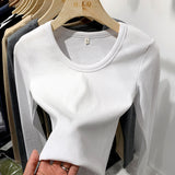 Long-Sleeved T-Shirt Slim And Slim In Autumn And Winter With Threaded Design Feeling Bottomed Blouse Women's Low-Collar Unique
