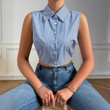 2025 Women's Shirt Behind The Hollow Strap Striped Buttonless Sleeveless