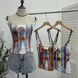 Sexy Hottie Shoulder Strap Small Print Slimming Sling Vest Short Sleeveless Top