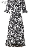 V Neck Split Floral Print Long Dress Women Summer Ruffles Half Sleeve Boho Casual Beach Dress Elegant Wrap Midi